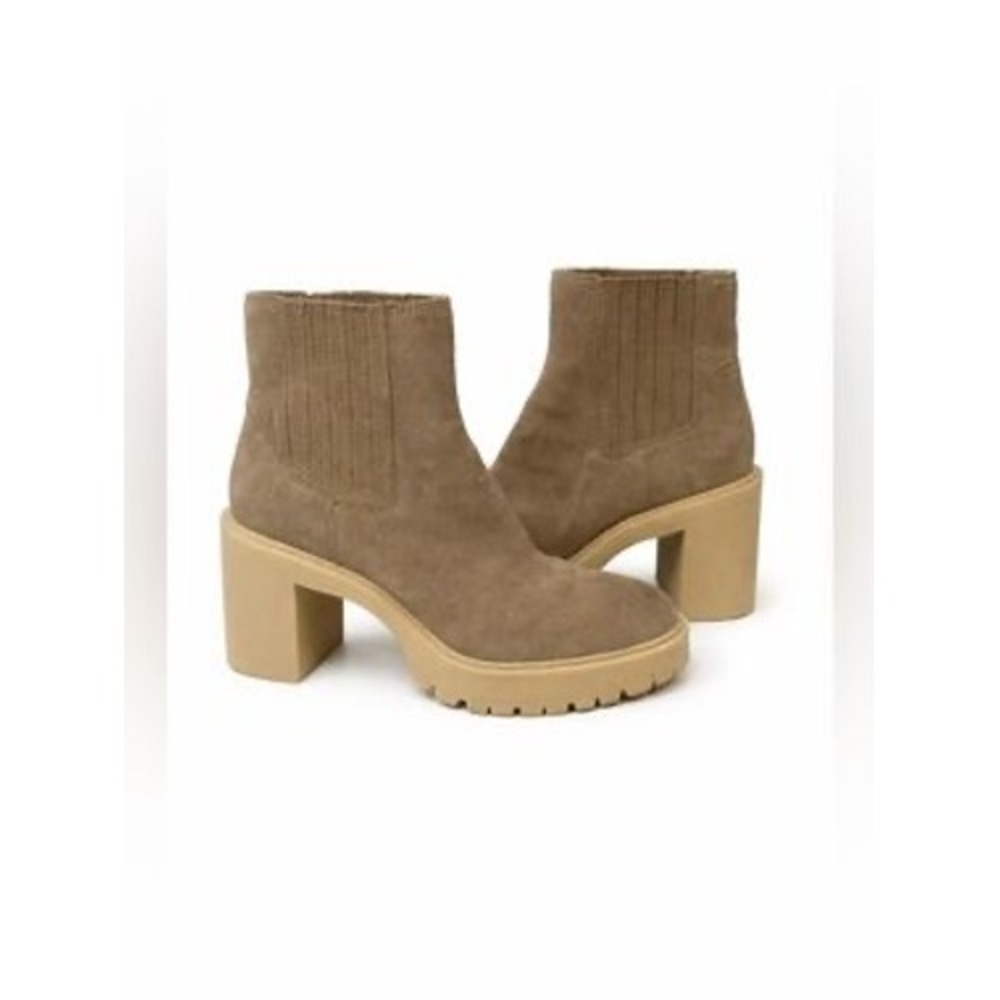 Dolce Vita H2O Waterproof Taupe Suede Lug Sole Block Heel Ankle Boots Womens 8.5